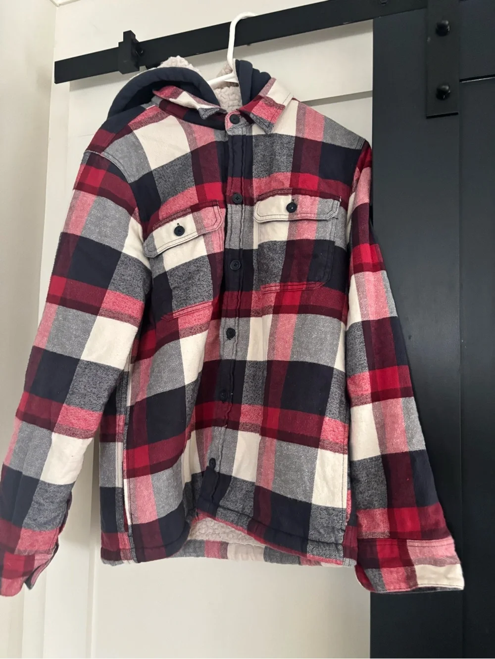 Hollister Red Navy Cream Plaid Sherpa-Lined Hooded Shirt Jacket